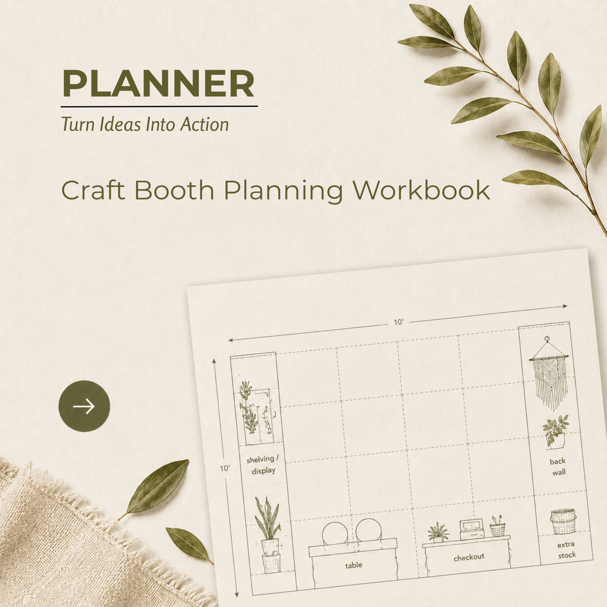 Craft Booth Planning Workbook featuring booth layout worksheets, display planning tools, vendor setup organization resources, booth design exercises, and craft fair planning guidance for handmade business owners.