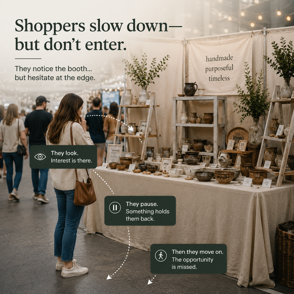 Shopper hesitating at the edge of a craft booth display without stepping inside due to unclear booth layout and entry flow.
