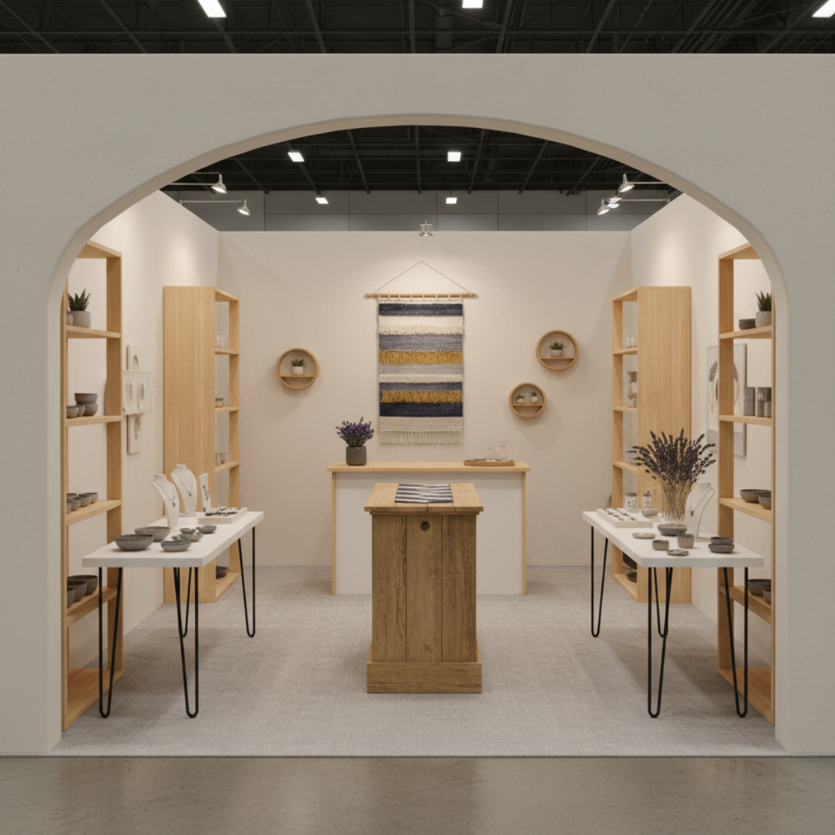 Minimal craft booth display with symmetrical layout, open entryway, wooden shelving, and clear focal point designed for easy shopper flow.