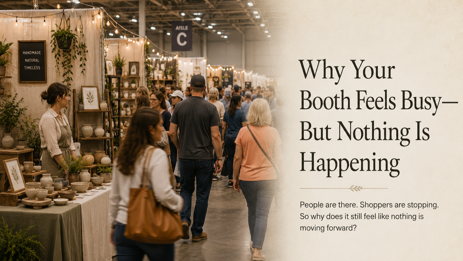 People browsing at an indoor market with booths selling pottery and plants, and a sign that reads 'Why Your Booth Feels Busy—But Nothing Is Happening'.