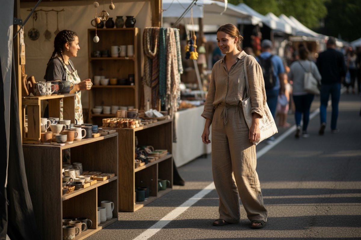shopper pausing at edge of craft booth smiling but not engaging with products at outdoor market