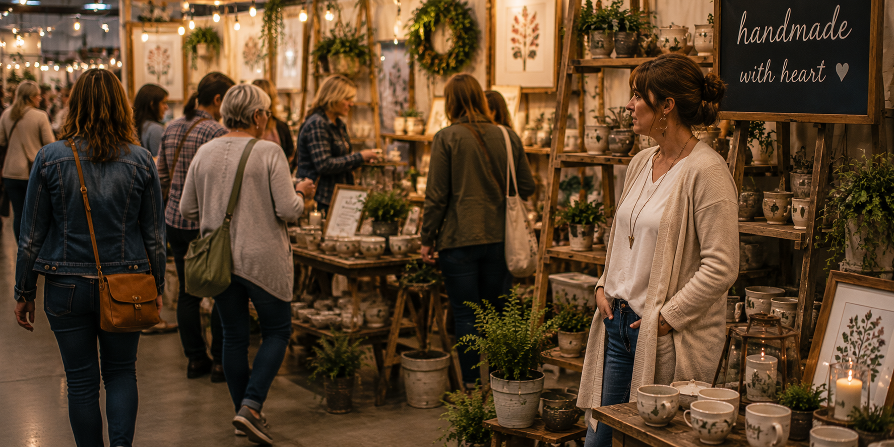 Craft show vendor quietly watching shoppers browse and pass through a busy booth without much engagement.