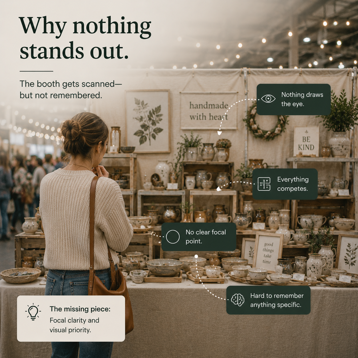 Craft booth display with no clear focal point, showing visually competing products and weak visual hierarchy that causes shoppers to scan the booth without remembering specific products or stopping to engage.
