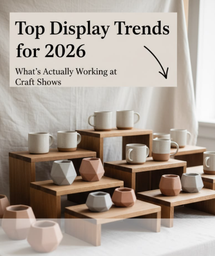 Illustrated 2026 craft booth display trends featuring clean handmade booth styling, natural materials, warm neutral product presentation, and modern artisan market display inspiration for craft show vendors and makers.