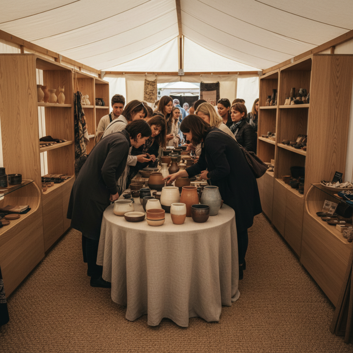 Shoppers gathered around a central display table inside a craft booth, actively examining handmade pottery and interacting with products.