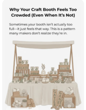 Illustrated craft booth display showing visually crowded product placement and cluttered layout patterns that can overwhelm shoppers and reduce booth clarity even when inventory levels are manageable.