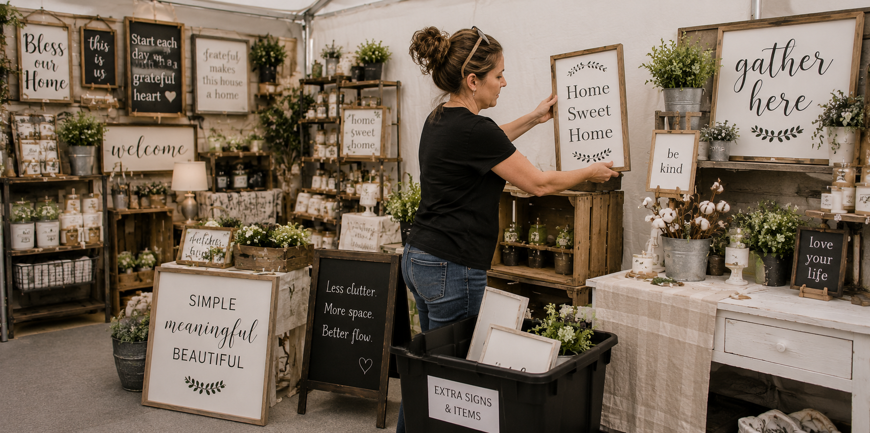Vendor rearranging displays and creating more breathing room inside a craft booth.
