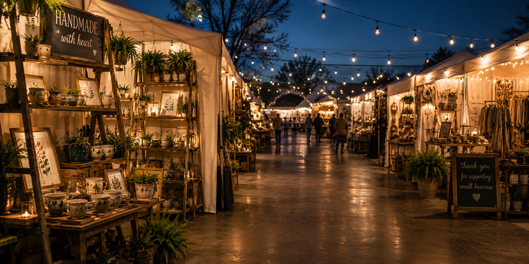 Peaceful evening market scene with softly lit booths and open walkways encouraging reflection on the shopper experience.
