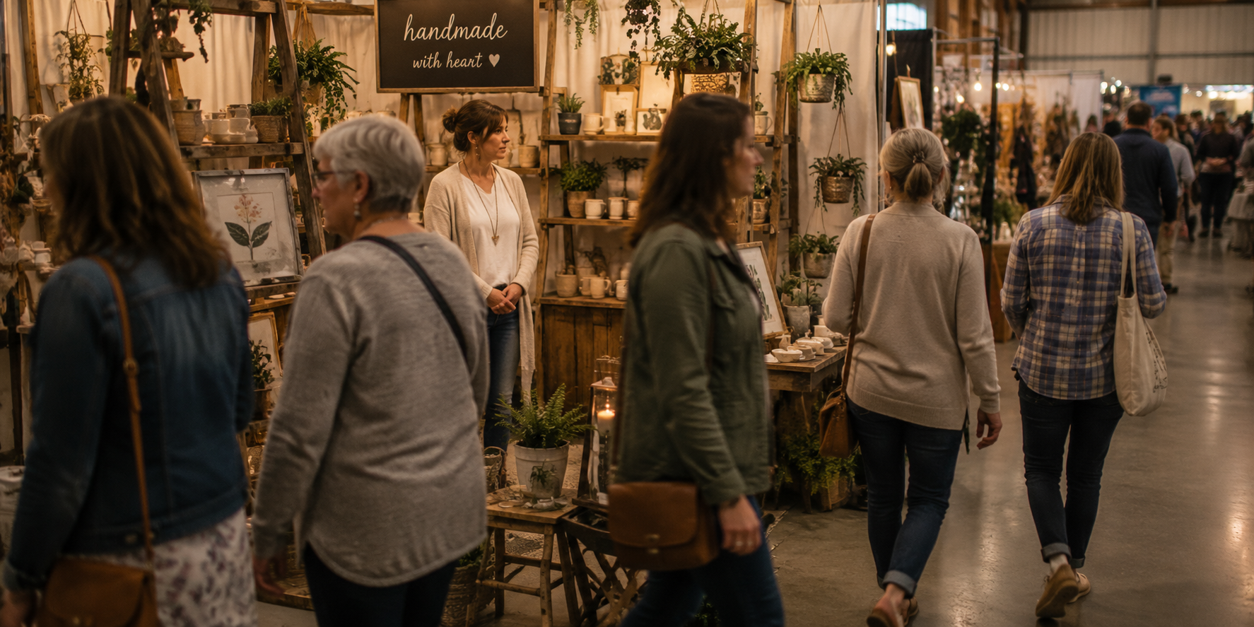 Warm craft show booth with shoppers moving through the display while little interaction or momentum develops.