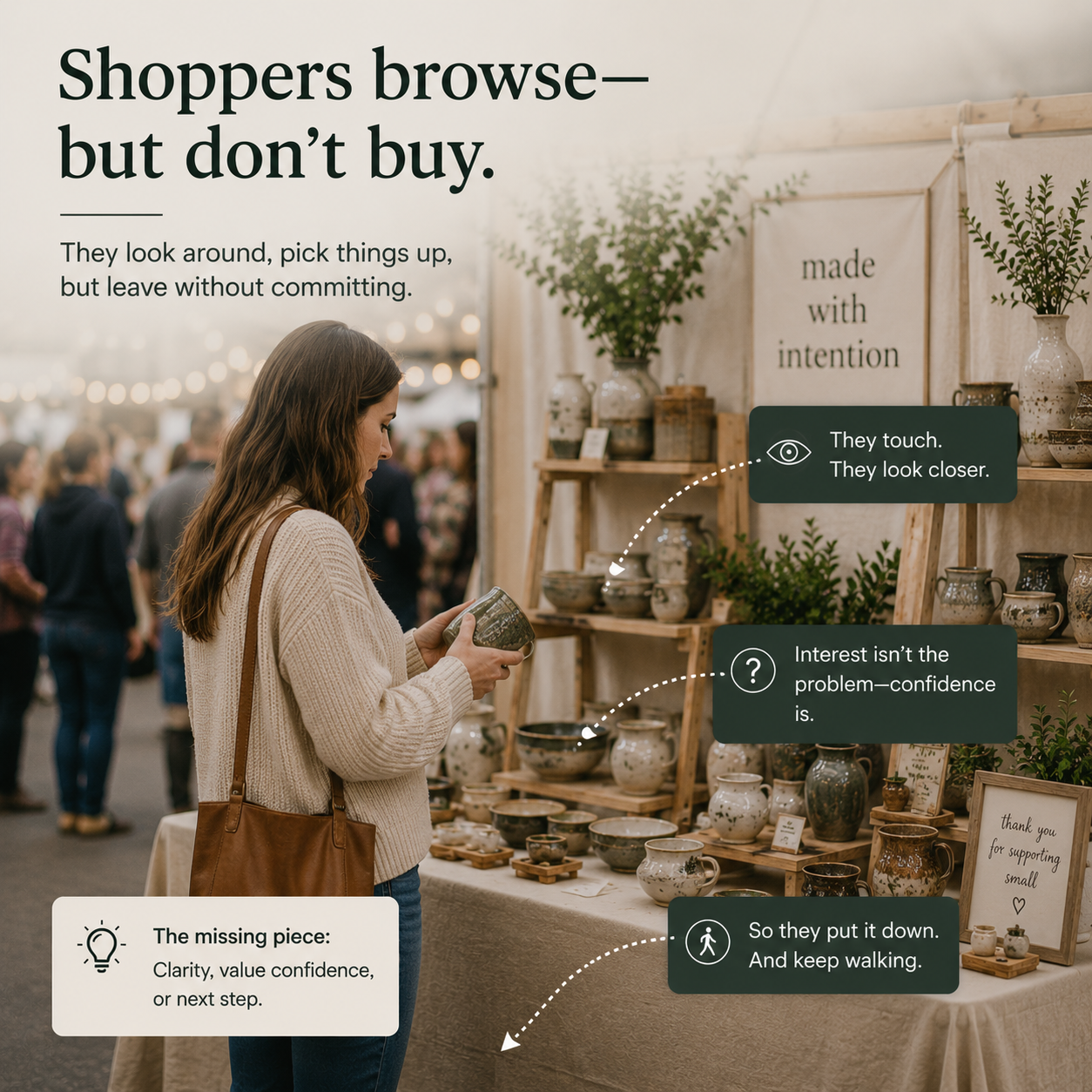 Shopper browsing handmade pottery products at a craft booth display without making a purchase, illustrating hesitation caused by unclear value communication, weak buying confidence, and missing next-step guidance.