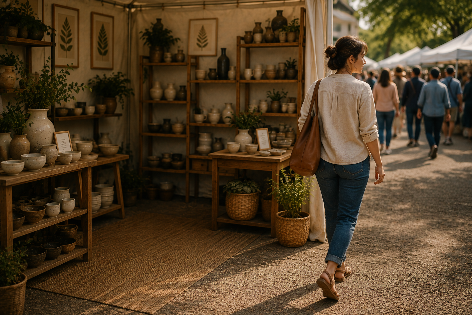 Woman walking past a pottery stall at an outdoor market on a sunny day.