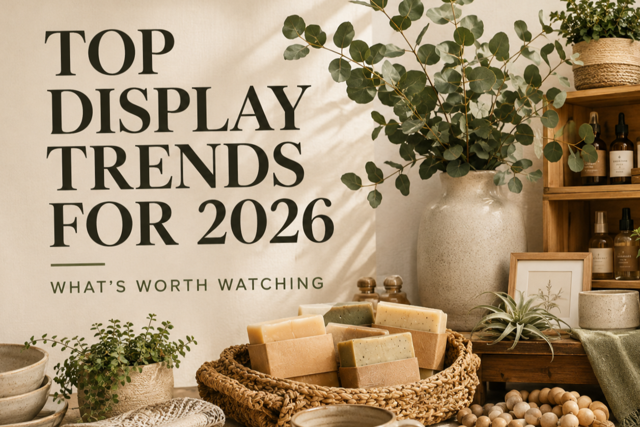 Display of Epsom salts, soap bars, and plants arranged on a table with a large sign reading 'Top Display Trends for 2026' and the subtitle 'What's Worth Watching'.