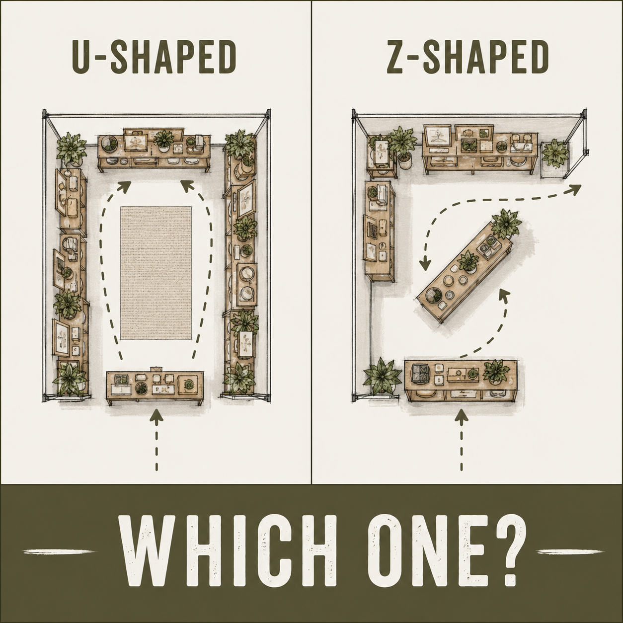Comparison of two furniture layout designs, one U-shaped and one Z-shaped, with arrows showing the movement flow in each arrangement, and the question 'Which One?'