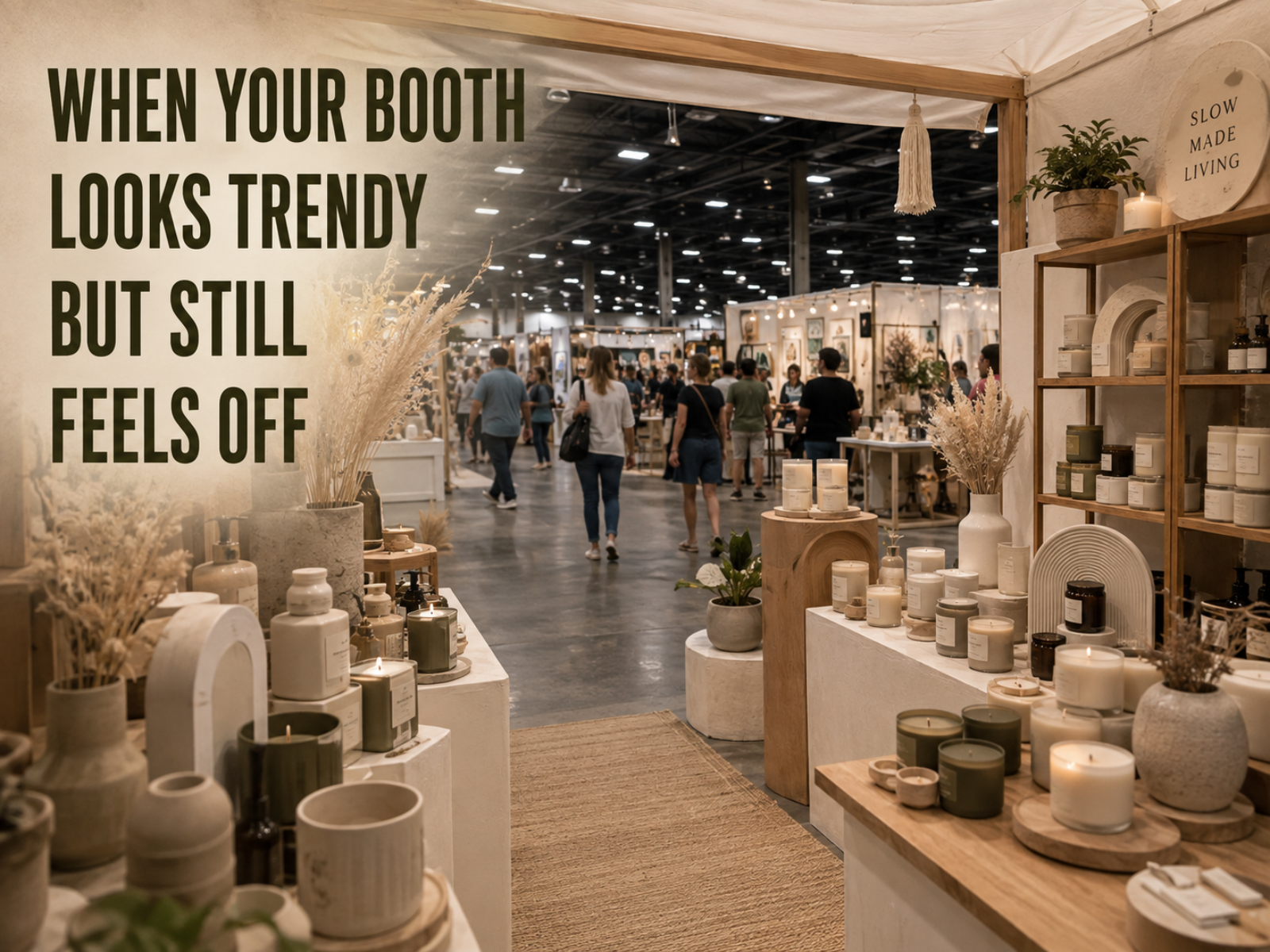 A booth at an indoor market displaying candles, vases, and decorative items with a sign that says, 'When your booth looks trendy but still feels off.' and people browsing in the background.