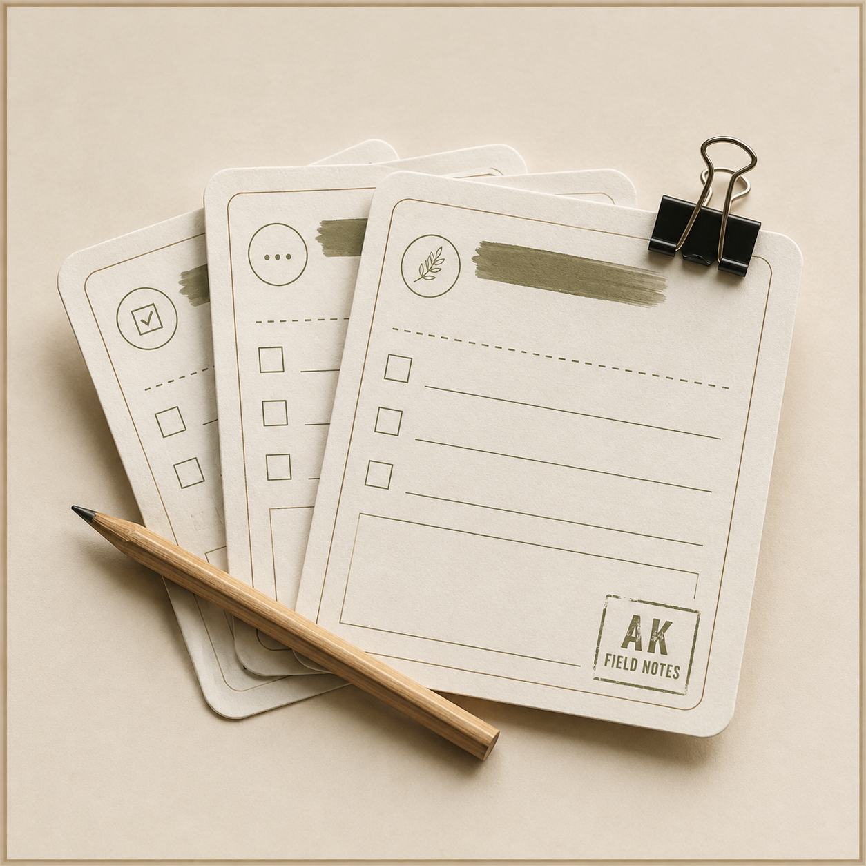 Three field note sheets with checkboxes, icons, and lines for writing, held together with a clip, with a wooden pen on beige background.
