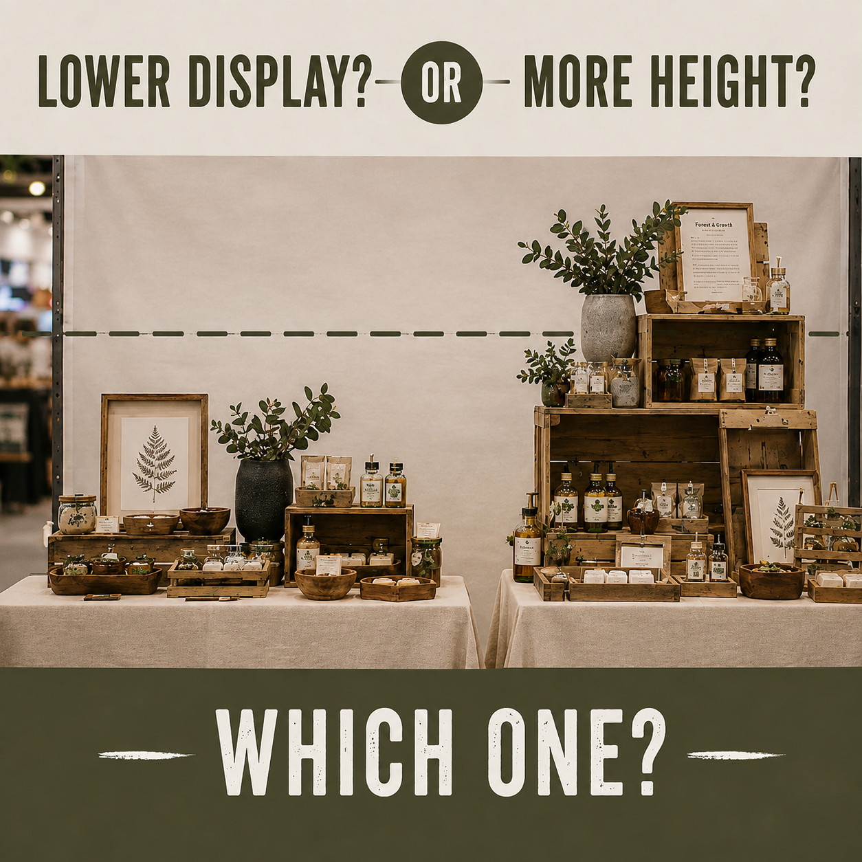 Display booth with wooden shelves and tables showcasing small bottles, jars, and framed botanical art, decorated with potted plants.