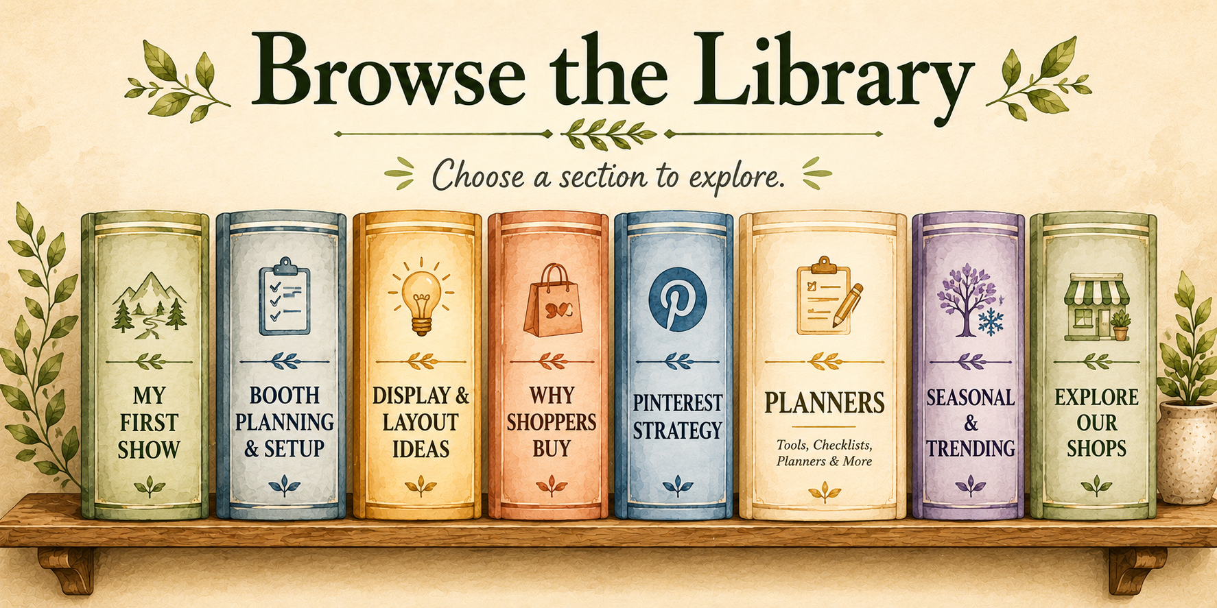 Artisan Kraftwerks resource library featuring maker business guides, craft booth planning resources, display ideas, customer behavior education, Pinterest strategy articles, planners, seasonal content, and shop resources.