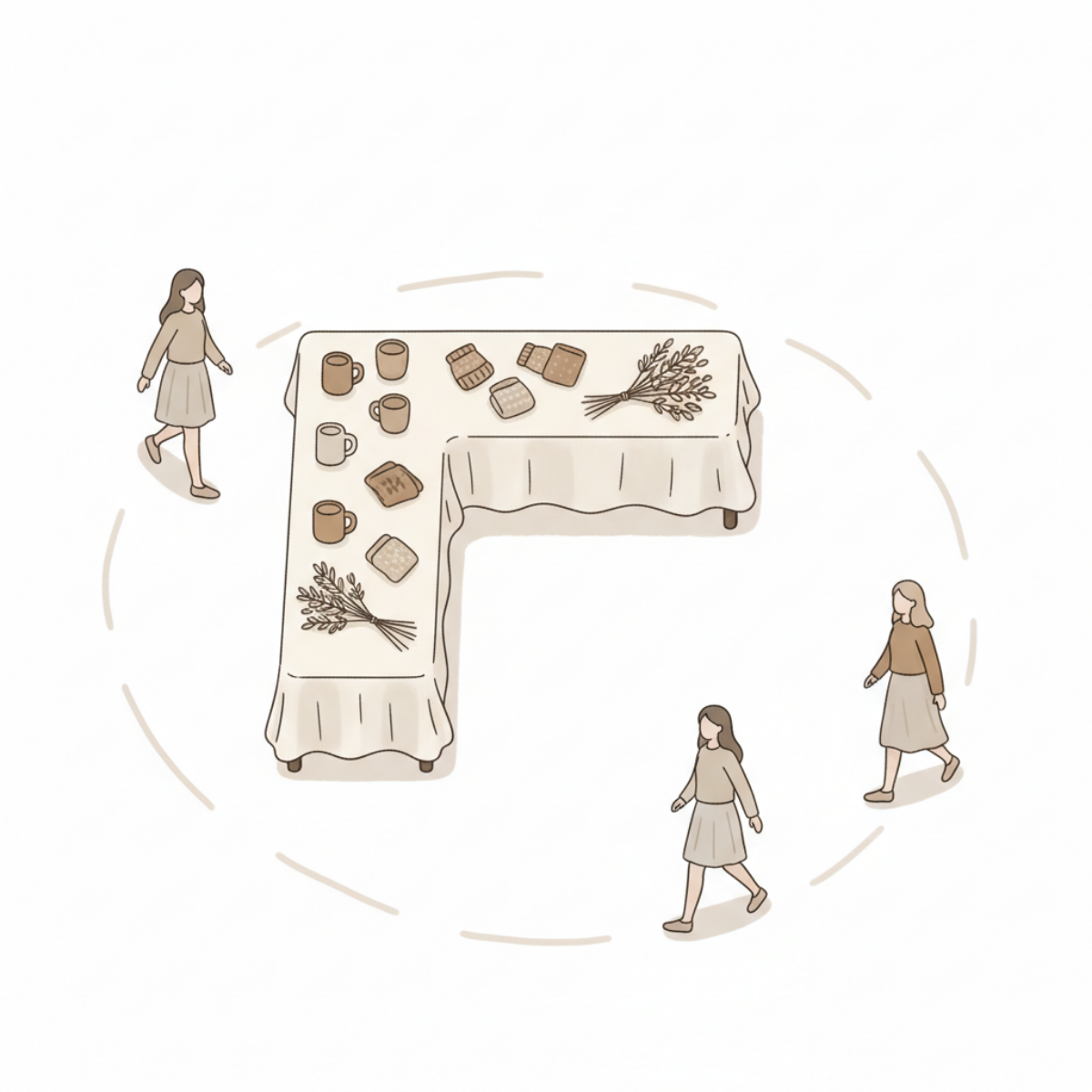 Shoppers walking in a loop around a craft booth display without stopping or engaging