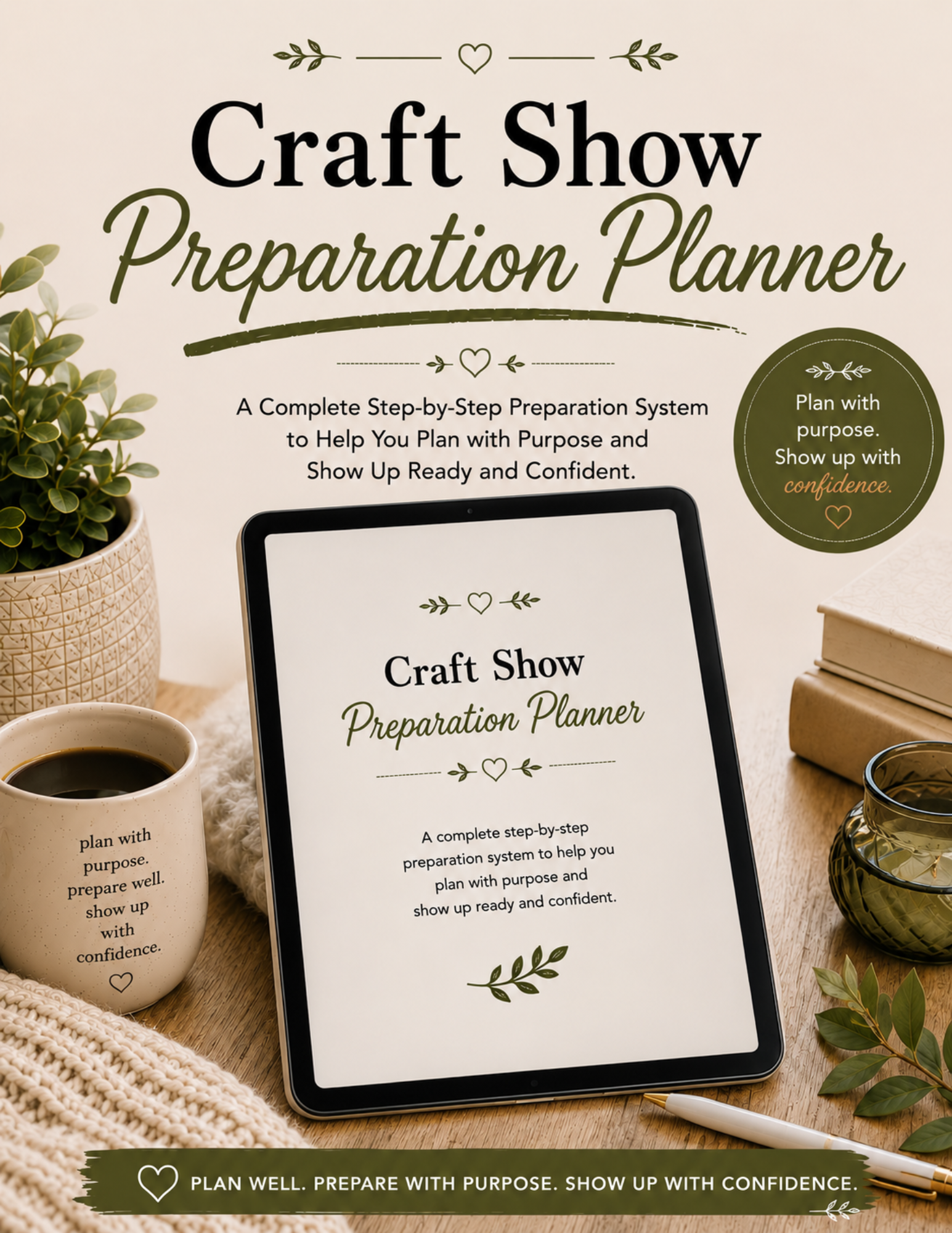 Display of a craft show preparation planner with the cover page visible on a tablet, surrounded by a potted plant, coffee mug, pens, and stacked books on a wooden table, and decorative leaves and hearts.