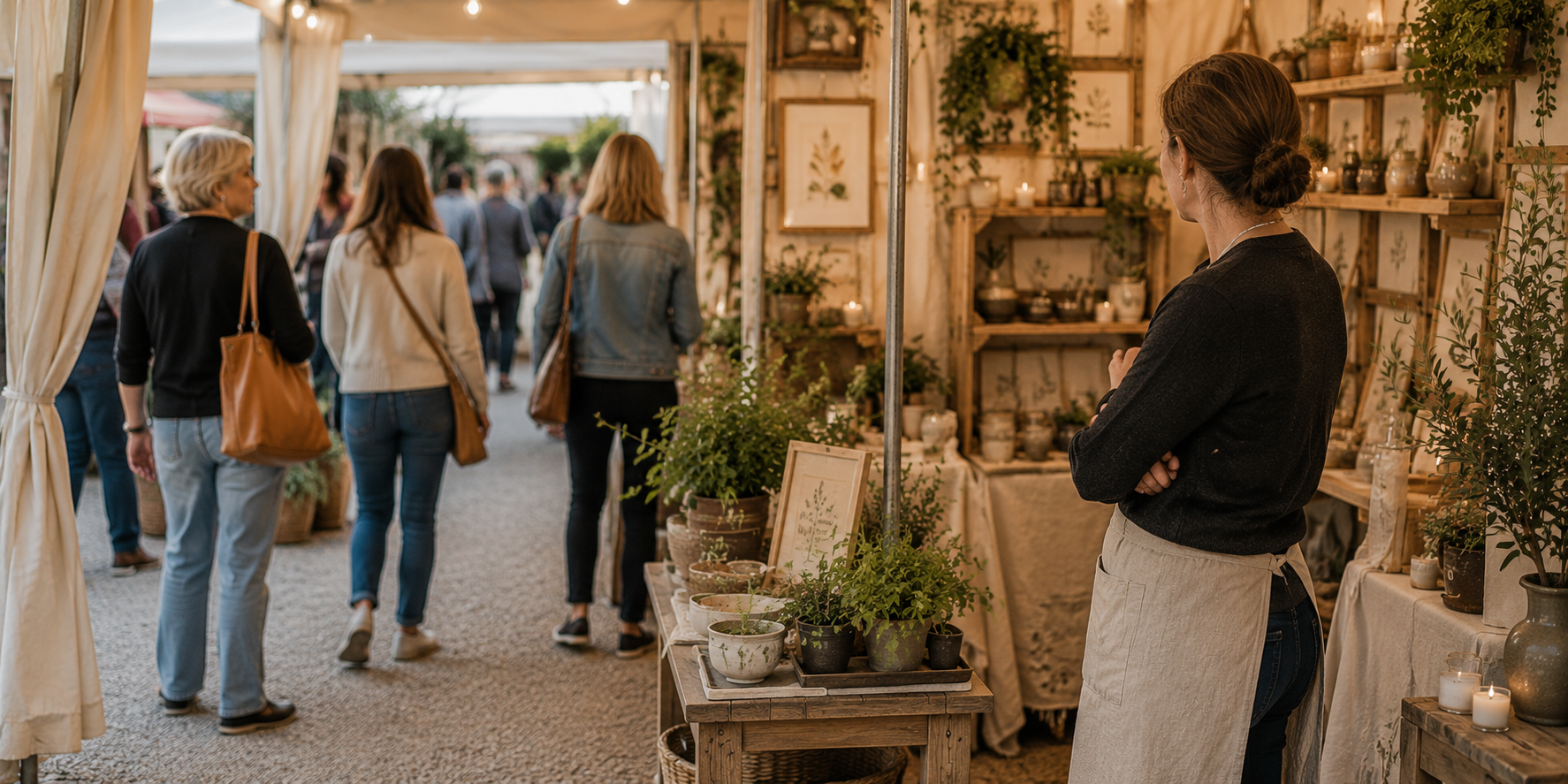 Vendor watching shoppers comfortably browse and linger inside a craft booth with a calm and inviting atmosphere.