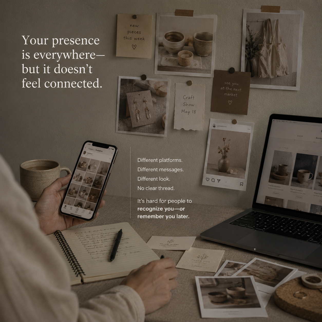 Maker workspace showing disconnected social posts, product photos, and branding elements scattered across platforms without a clear recognizable identity or cohesive customer experience.
