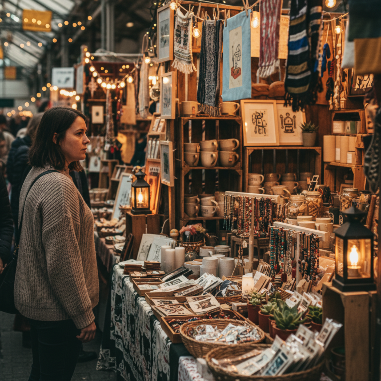 Shopper standing in the aisle scanning a busy craft booth display filled with handmade items without stepping inside