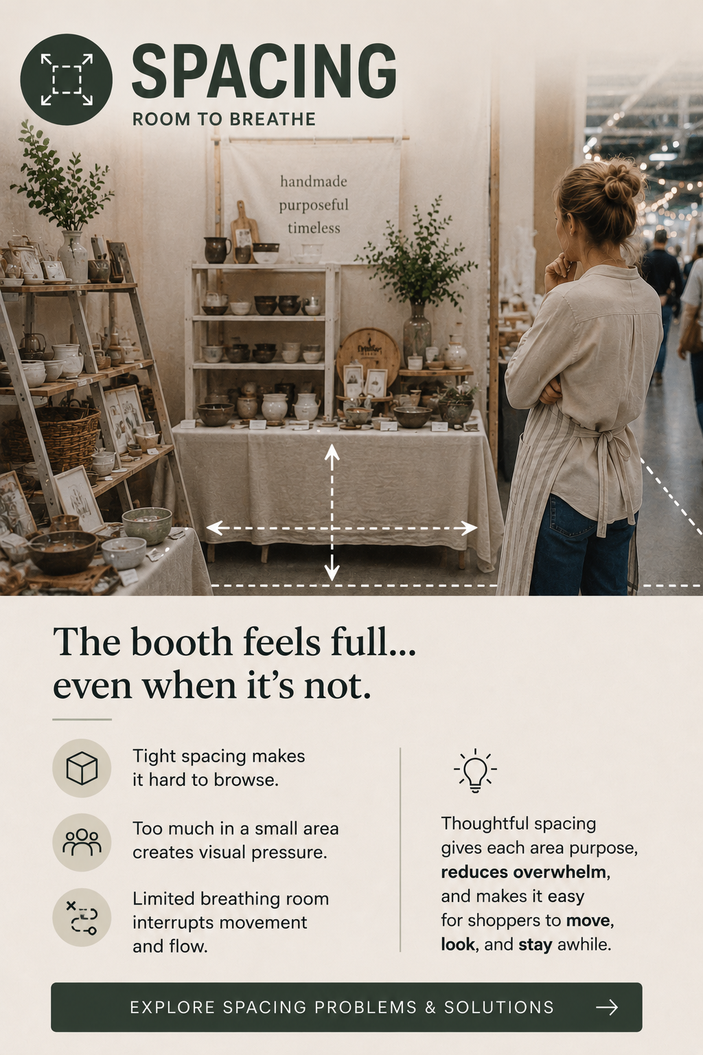 Craft booth spacing analysis showing an organized but visually crowded handmade display with limited browsing space, product compression, and shopper overwhelm caused by tight booth layout spacing.