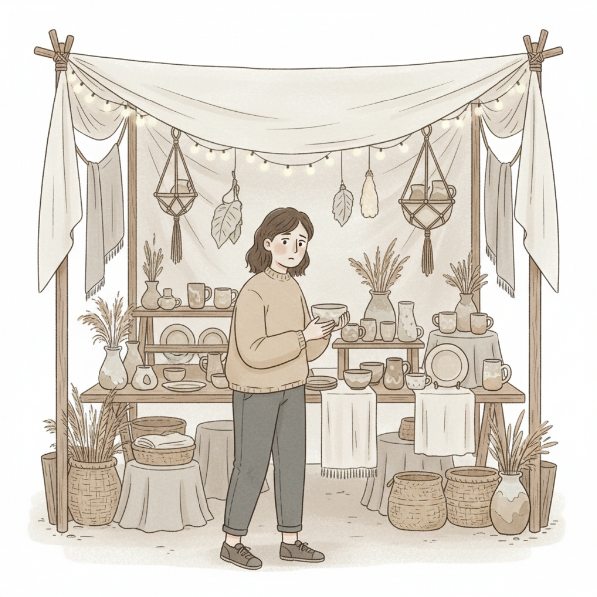 Illustrated shopper browsing near the front table of a handmade craft booth without clear direction or movement deeper into the display.