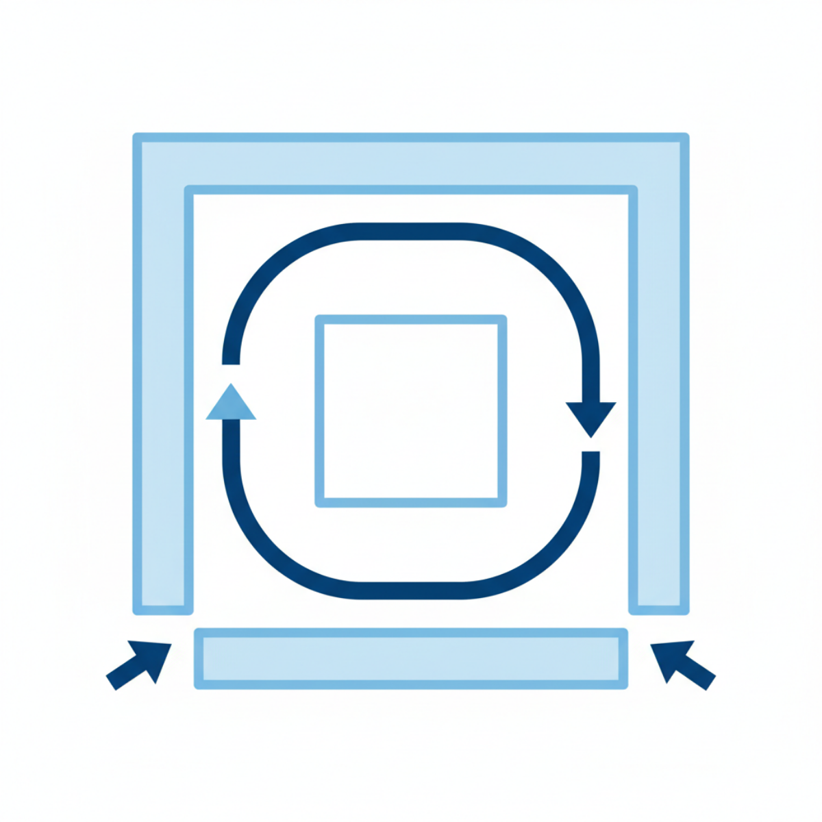 Simple diagram showing circular shopper movement around a booth layout without clear stopping points or focal areas