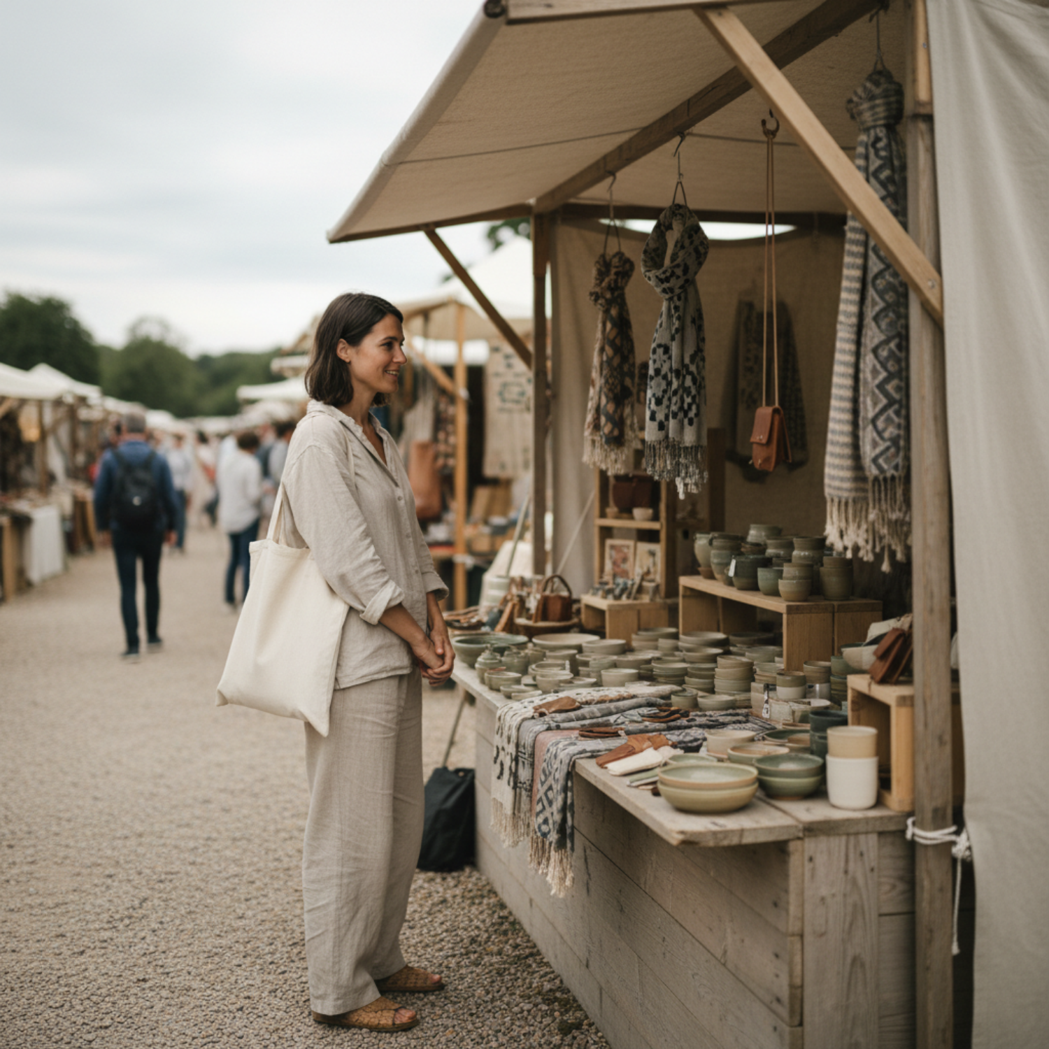 Shopper standing at the edge of a craft booth display, looking across handmade items without stepping inside
