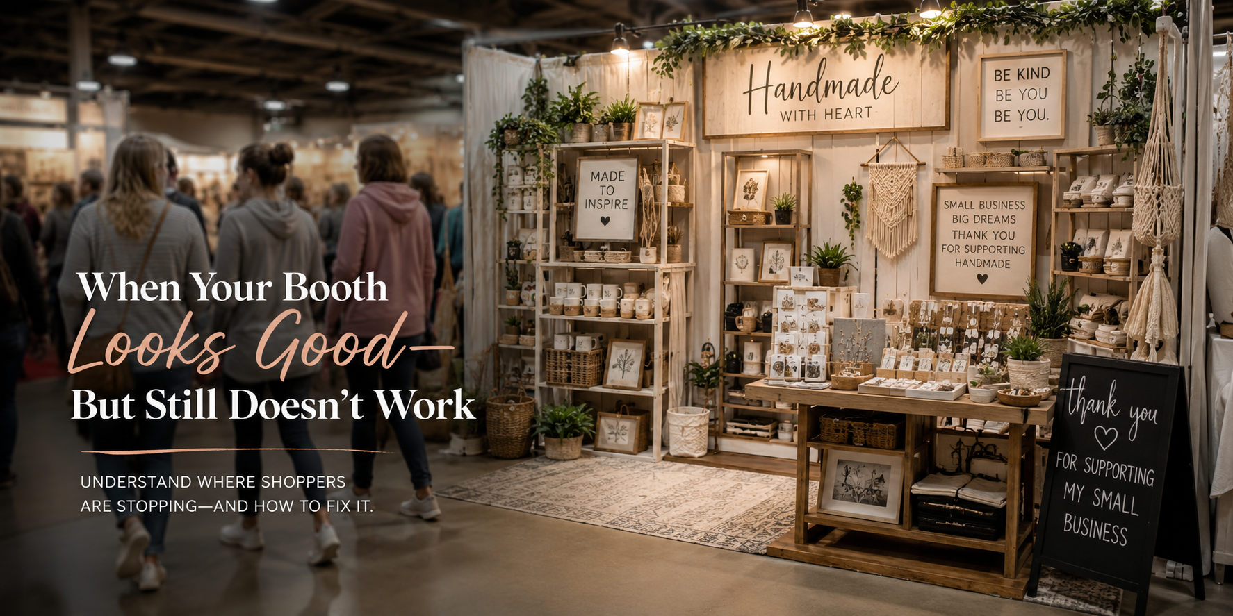 Beautiful craft booth display with shoppers walking past at a busy market, illustrating why an attractive booth doesn't always lead to sales.