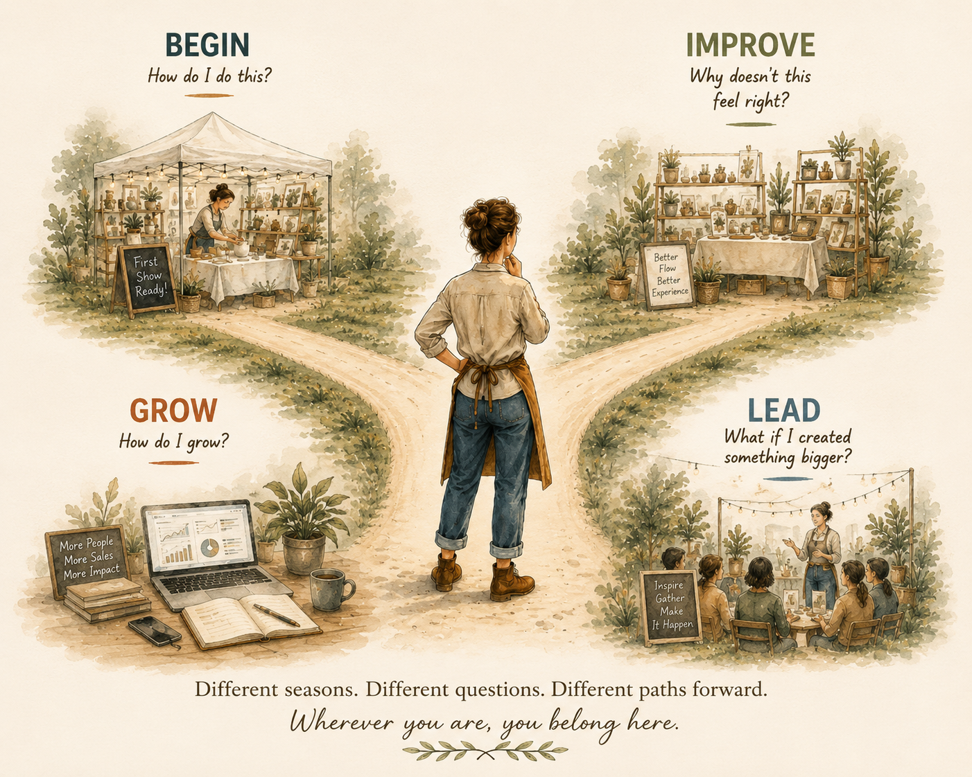 Watercolor illustration of a maker standing at a crossroads surrounded by four paths representing beginning, improving, growing, and leading through different seasons of the maker journey.