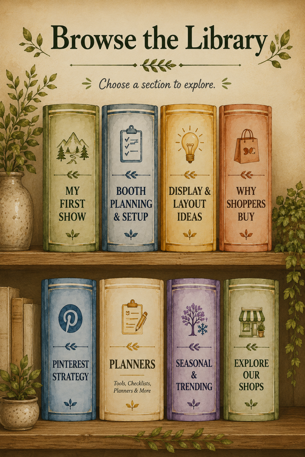 Illustrated bookshelf featuring the Artisan Kraftwerks Resource Library with sections for My First Show, Booth Planning and Setup, Display and Layout Ideas, Why Shoppers Buy, Pinterest Strategy, Planners, Seasonal and Trending, and Explore Our Shops.