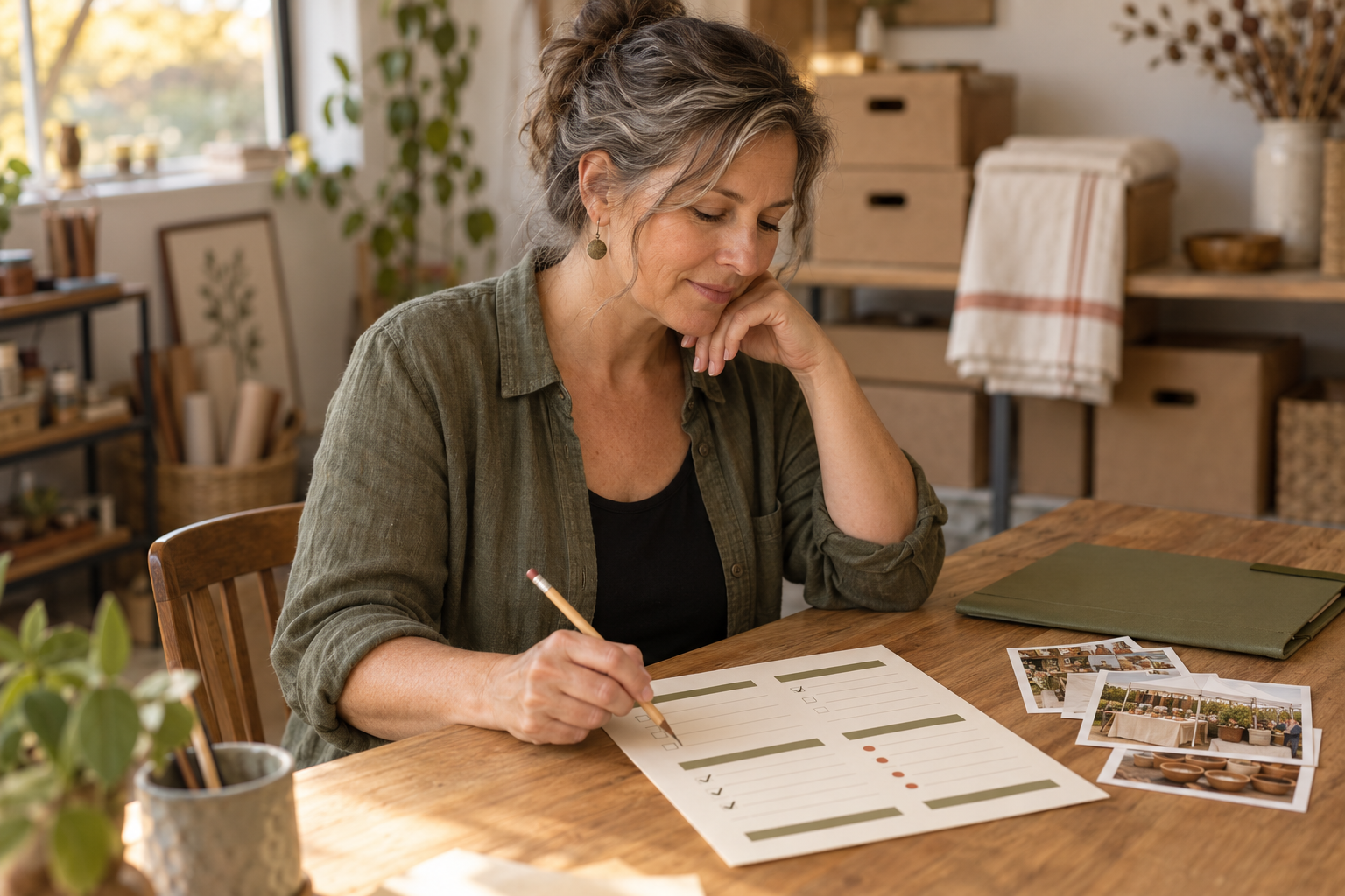 A woman with short gray hair and earrings is sitting at a wooden table, filling out a planner or checklist with a pencil. There are photos and a green folder on the table. The background shows natural light, some plants, and storage furniture.