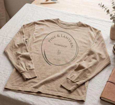 Neutral-toned customizable maker apparel displayed on a folded sweatshirt in a warm creative workspace, representing handmade business branding, workshop culture, and apparel designed for makers and creative entrepreneurs.