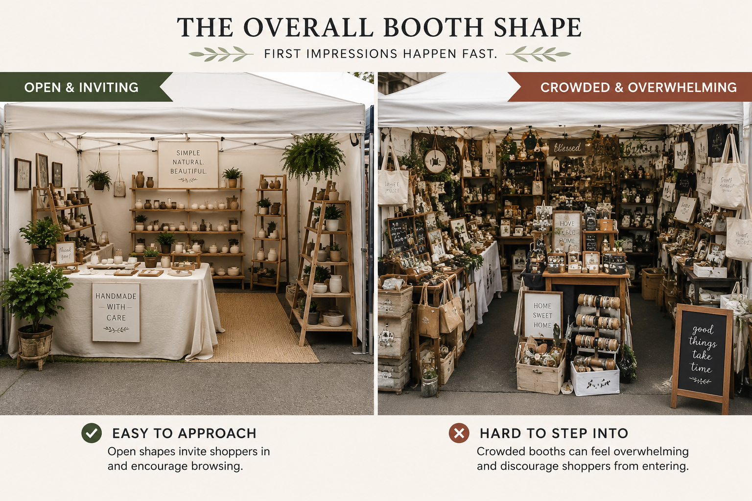 Side-by-side comparison of an open and inviting craft booth versus a crowded and overwhelming booth, showing how booth shape and layout affect shopper behavior and first impressions.