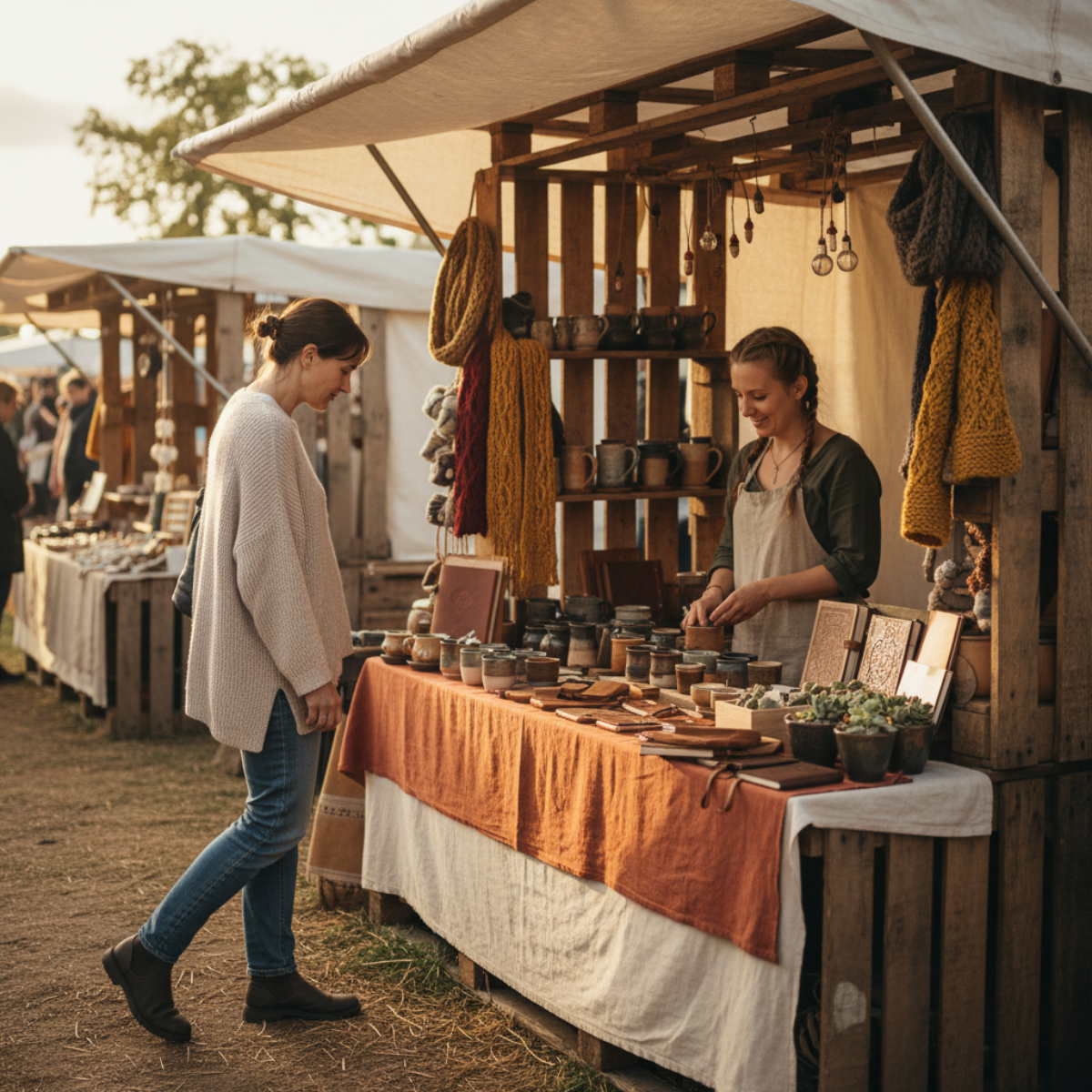 Customer pausing at a handmade market booth while the vendor engages, with products clearly displayed at the front edge