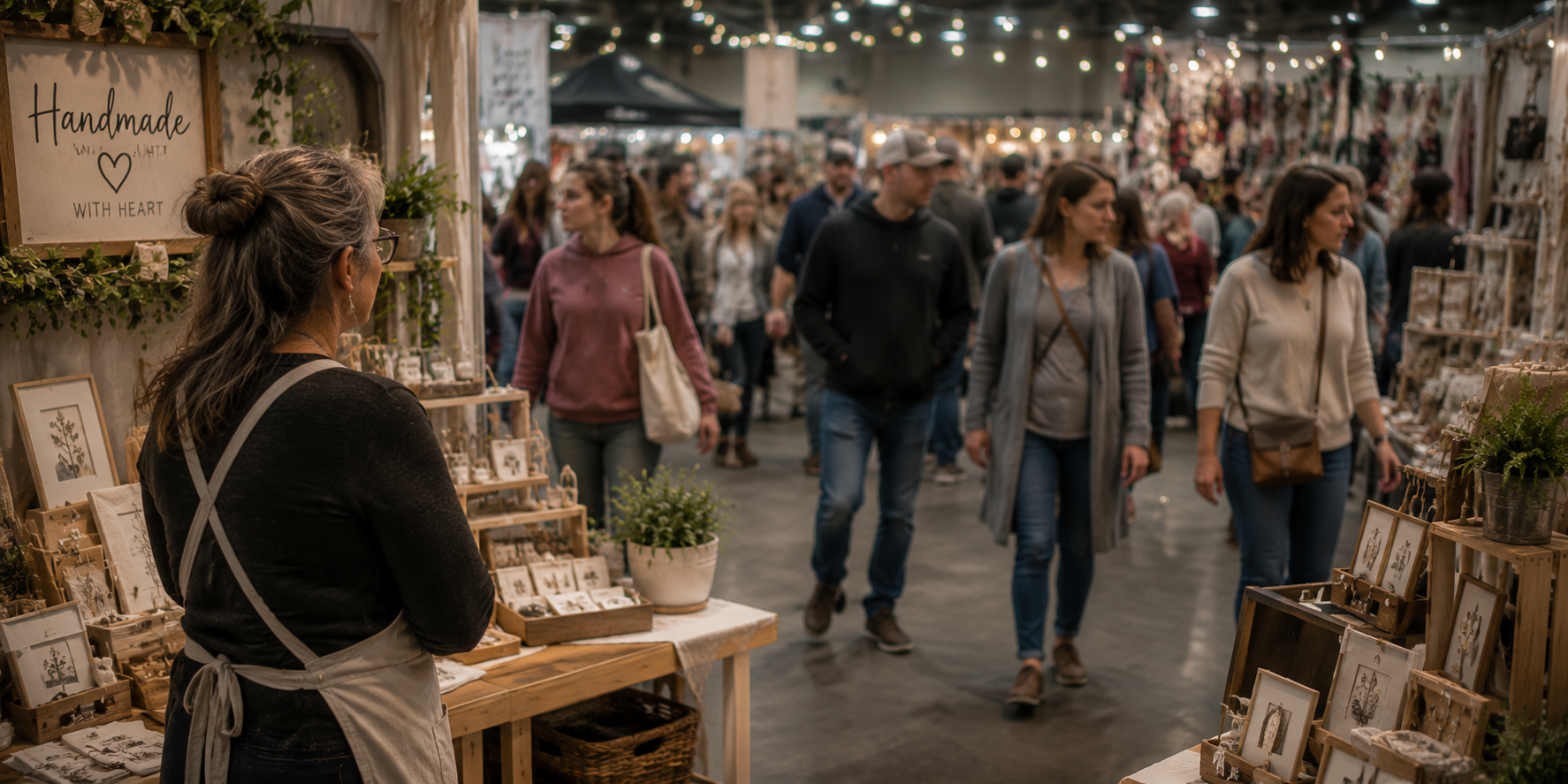 Craft show vendor watching shoppers walk past a well-designed booth, illustrating how an attractive display doesn't always lead to customer engagement.