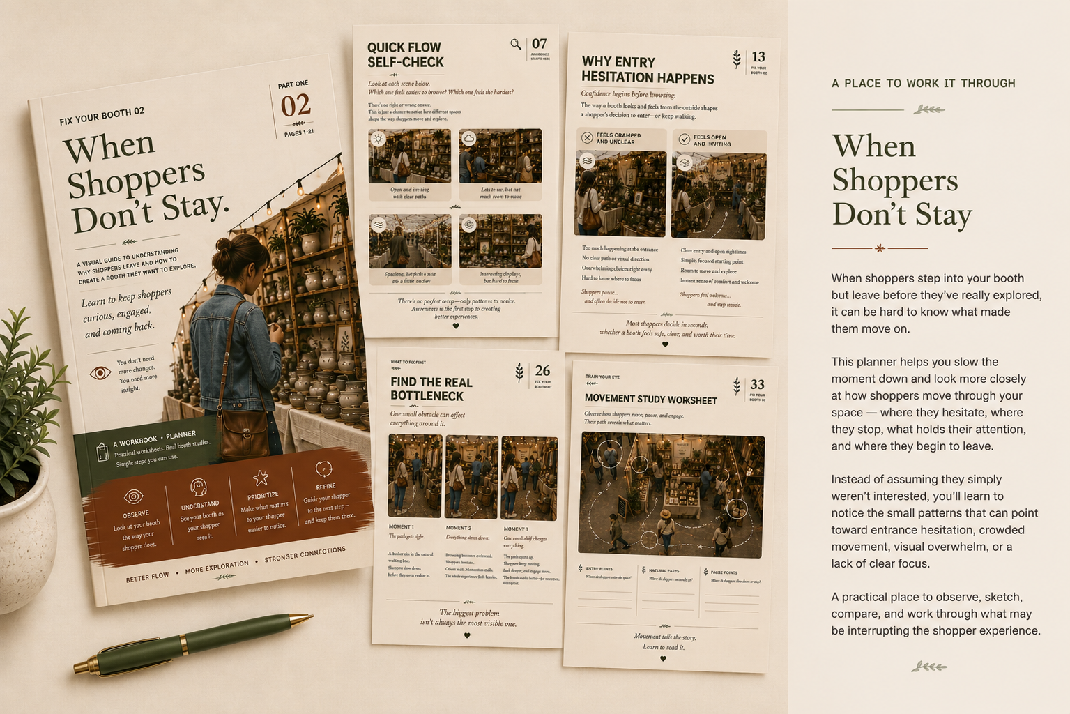 A collection of printed guides and worksheets on a table, with a pen and a potted plant nearby. The documents are about understanding shopper behavior, including titles like 'When Shoppers Don't Stay', 'Quick Flow Self-Check', and 'Find the Real Bottleneck'.