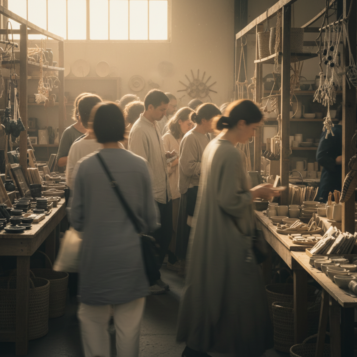 Crowded craft booth with shoppers browsing and moving through displays without pausing or focusing on specific products