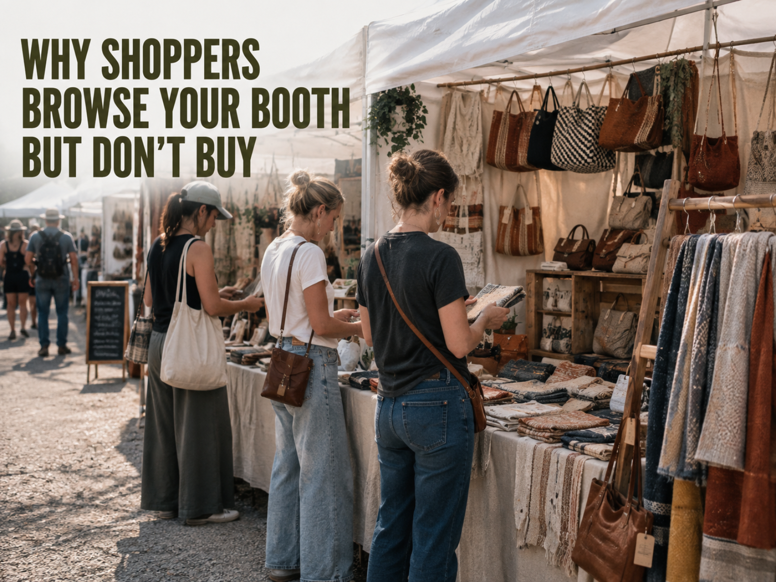 People shopping at an outdoor market stall with handbags and textiles on display.
