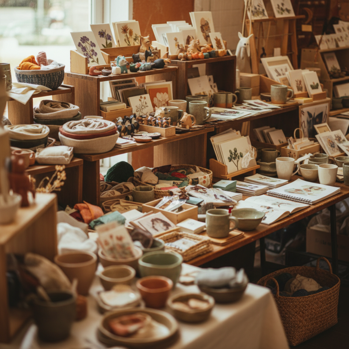 Crowded handmade craft booth display with layered shelves, tightly packed artisan products, and overlapping visual elements creating shopper overwhelm and visual compression.