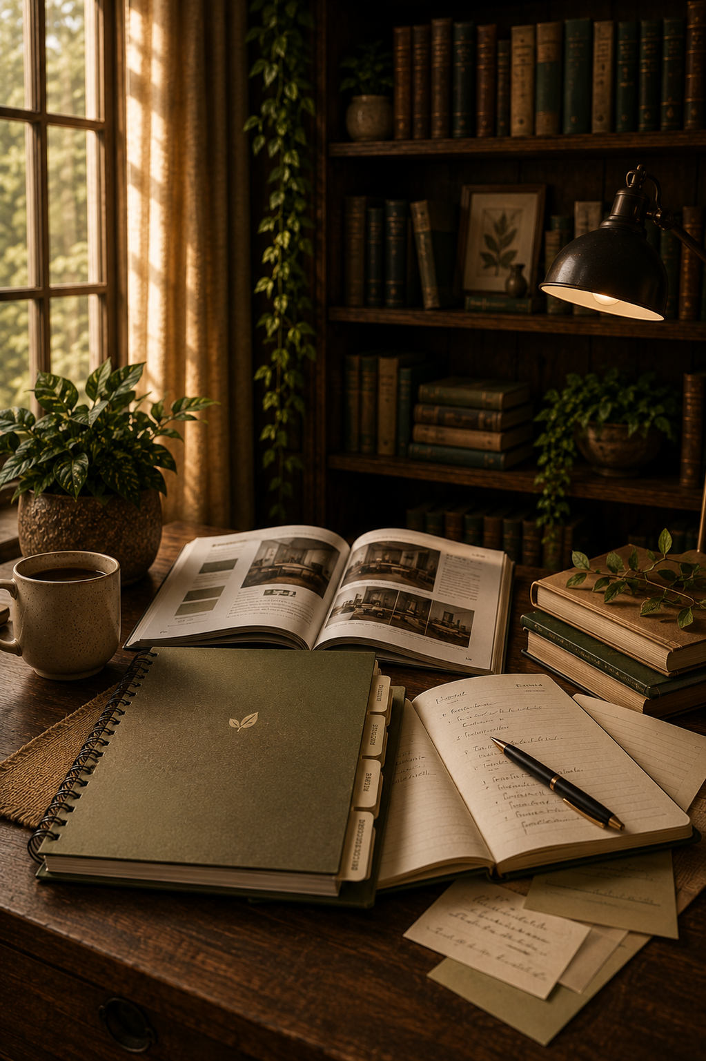 A cozy study desk near a window with sunlight, featuring books, a coffee mug, notebooks, and plants, with a dark wooden bookshelf in the background.