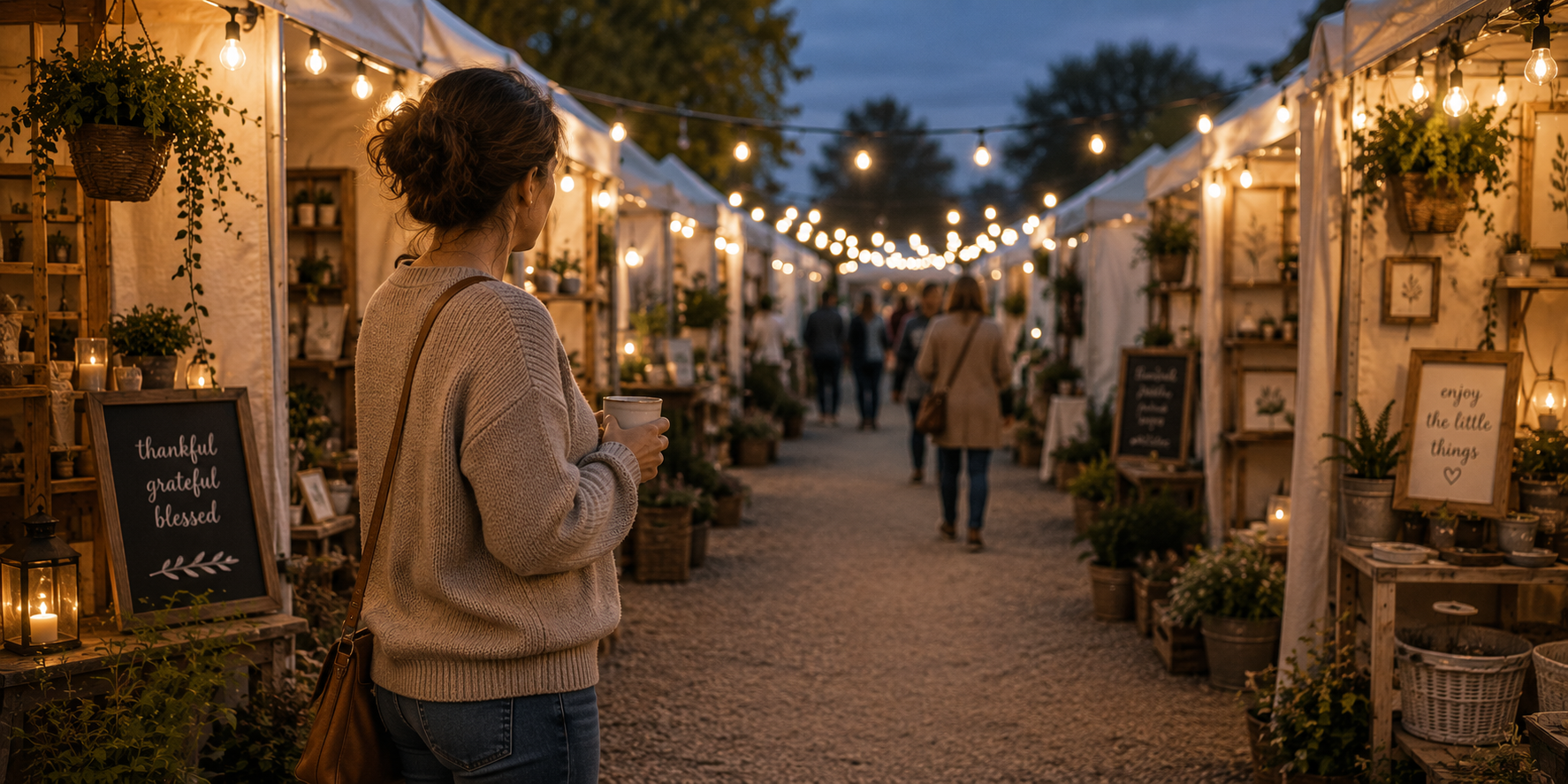 Peaceful evening market scene with string lights and vendor booths encouraging reflection on the shopper experience.