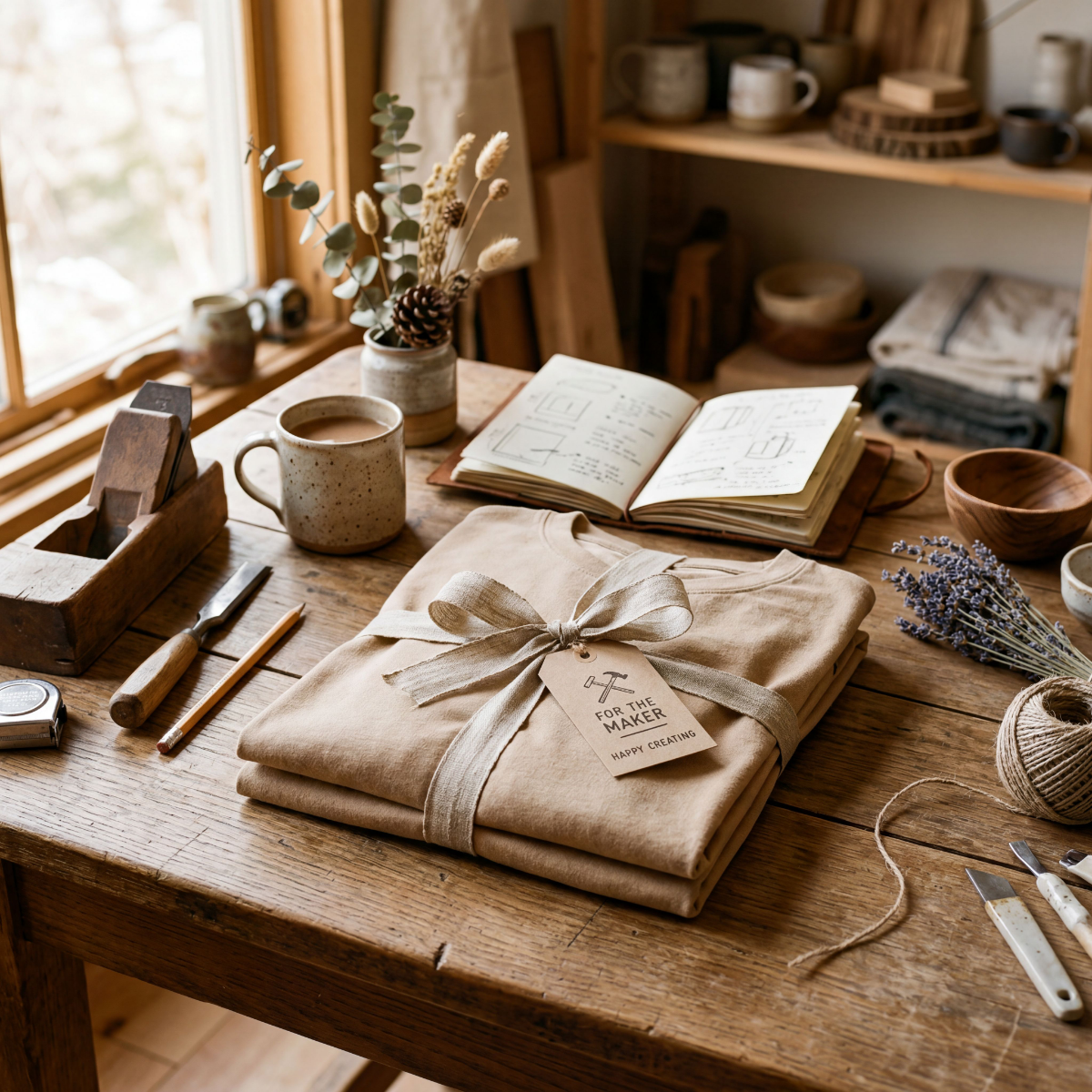 Warm handmade maker workspace with wrapped product package, planning notebook, coffee mug, and craft tools arranged on a wooden table for small business preparation and product planning.