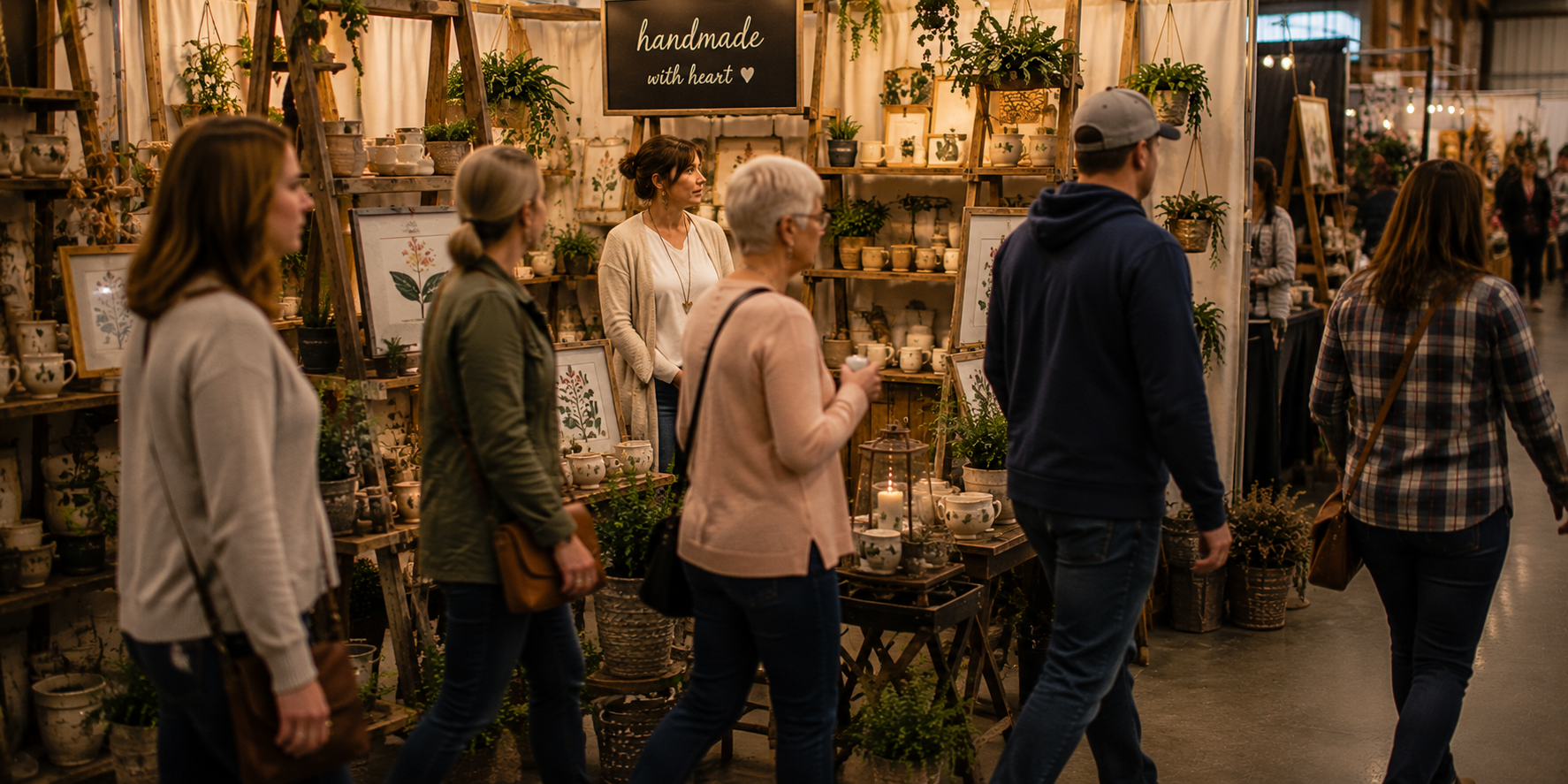 Visitors moving through a craft booth while the vendor observes, illustrating how momentum can be lost during the shopper journey.