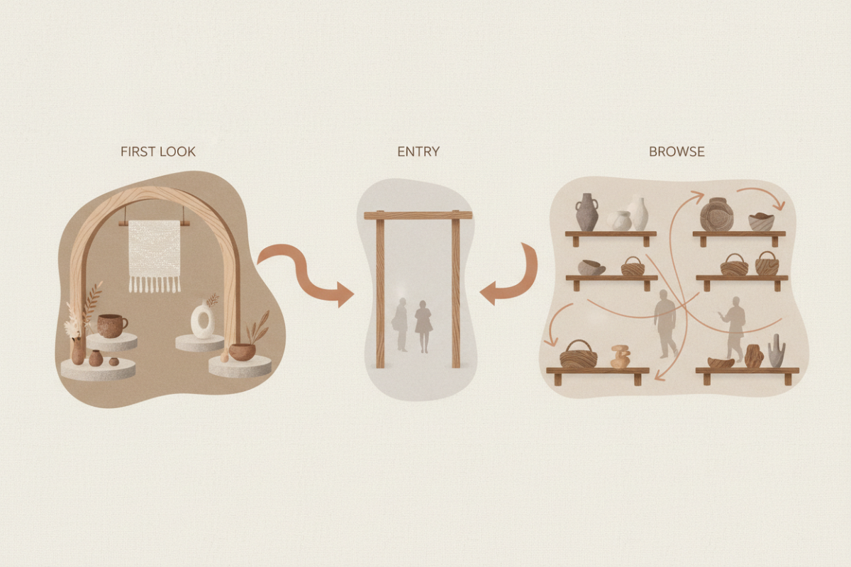 Simple diagram showing three stages of customer experience in a booth: first look focal display, entry opening, and browsing flow across product sections with directional arrows.