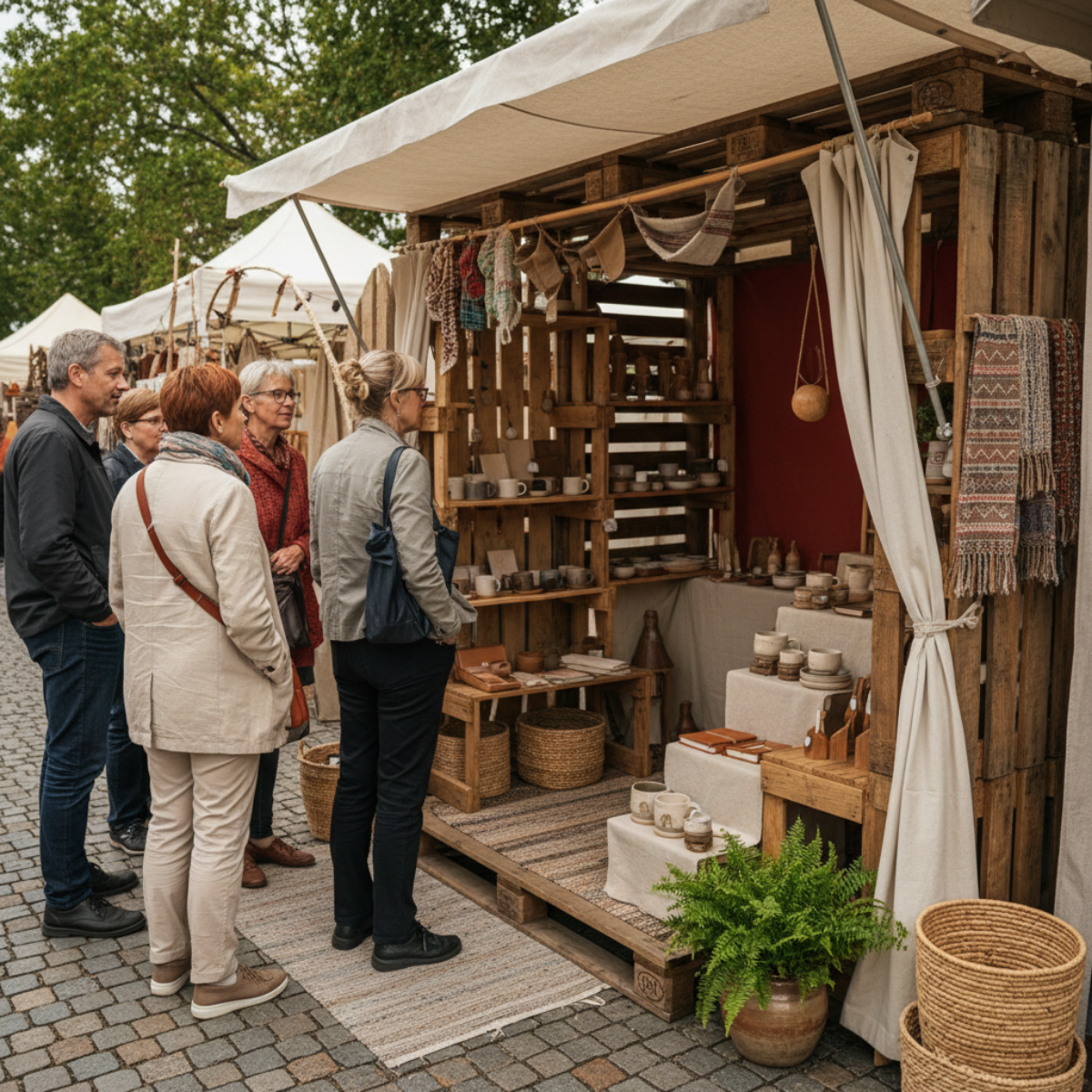 Group of shoppers browsing handmade products inside a rustic craft booth at an outdoor market without making a purchase.