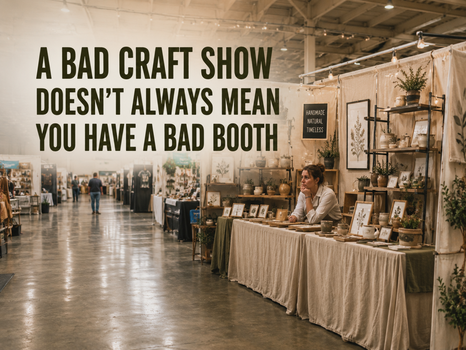 Craft fair with a booth displaying pottery and botanical prints, and a sign that reads 'A bad craft show doesn't always mean you have a bad booth.'