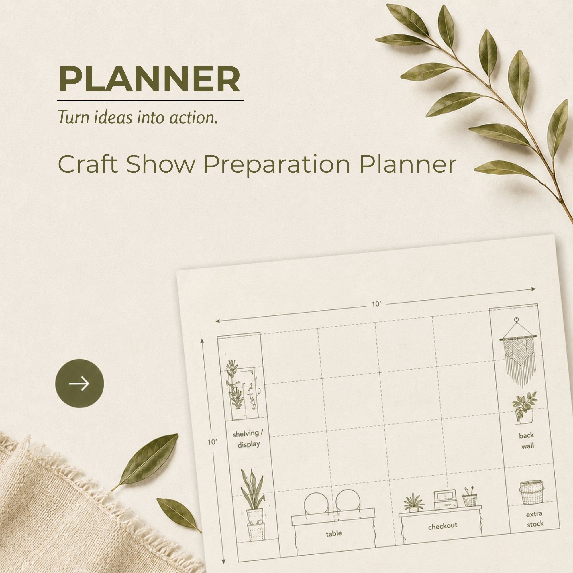 Craft Show Preparation Planner featuring event readiness checklists, booth setup planning, packing organization, show preparation worksheets, and actionable tools for craft fair vendors and handmade business owners.